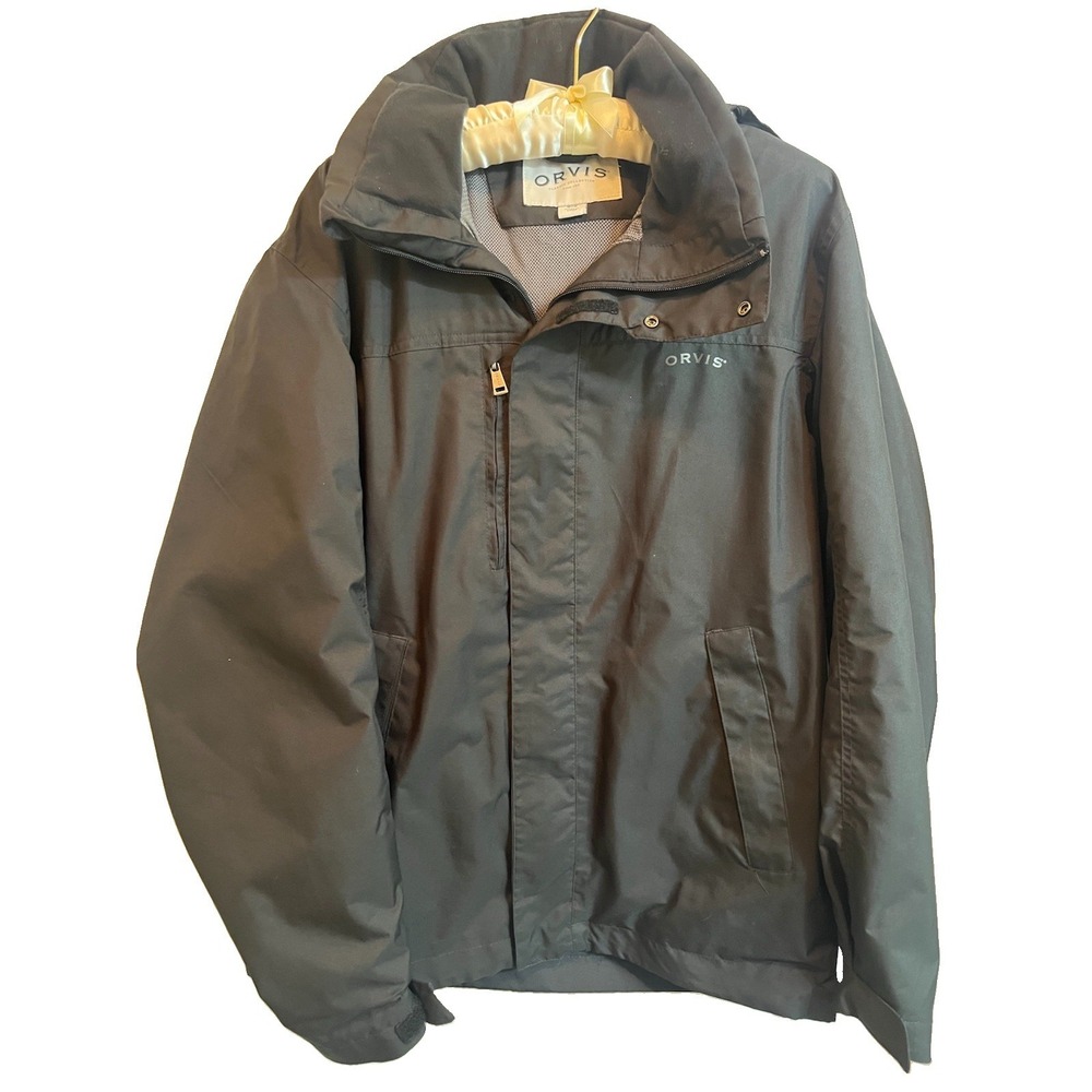 Orvis Rain Jacket Black Water Resistant Full Zip Hood Men's Pockets